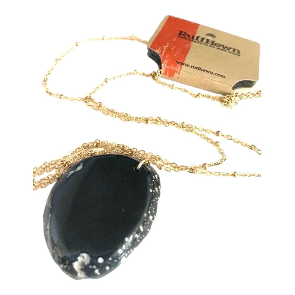 New Ruff Hewn Gold Tone Black Stone Pendant Necklace Long - 1U